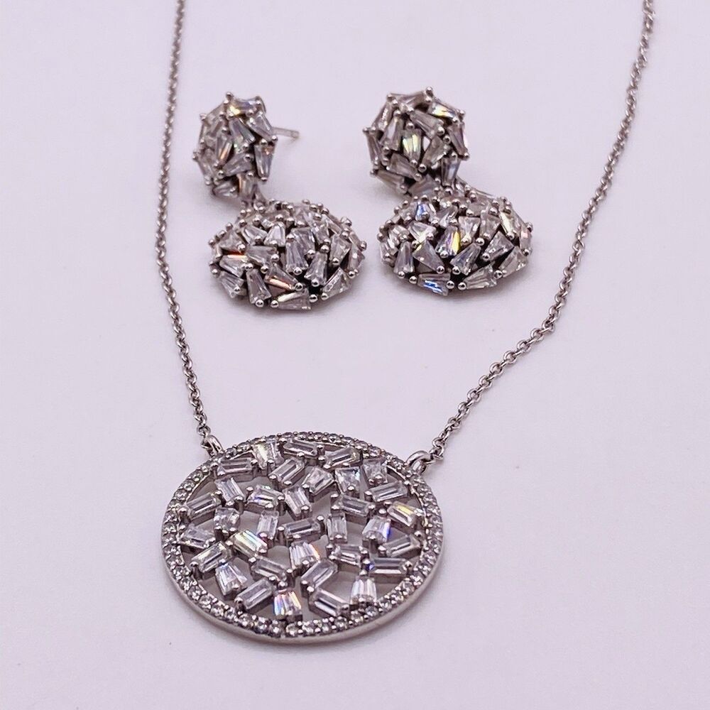 Sterling Silver CZ Necklace And Earrings Set Baguette Cut Mosaic Open Cut